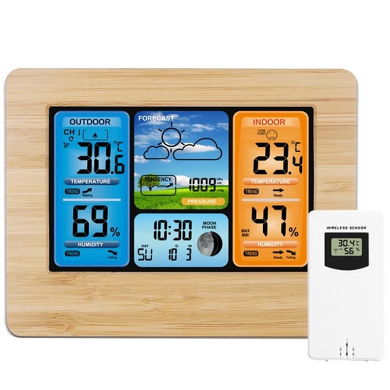 Quality Digital Weather Station Thermometer Hygrometer Barometer Wireless And Sensor Lcd Monitor Weather Forecast Indoor Outdoor - Цвет: Wood Color