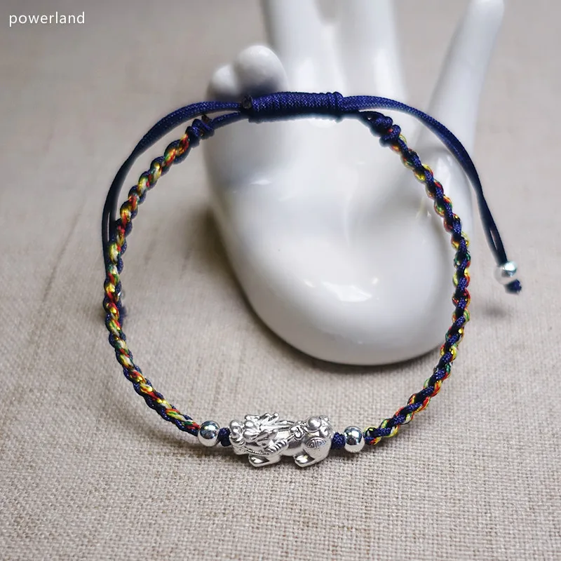 Настоящее серебро Pixiu красный браслет счастливый браслет ручной работы 925 ювелирные изделия - Окраска металла: navy blue and colors