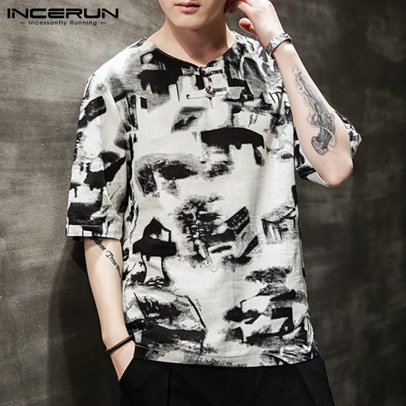 

2019 Chinese Style Vintage Shirt Men Floral Print Cotton Short Sleeve Breathable Loose Button Pullover Men Casual Shirt INCERUN