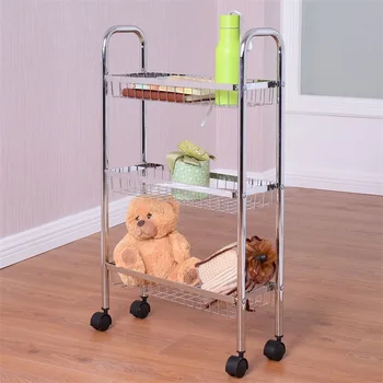

3-Tiers Metal Storage Rack Baskets Shelf Stylish Labor-saving Design with 4 Durable Casters Big Capacity Storage Shelf HW54069