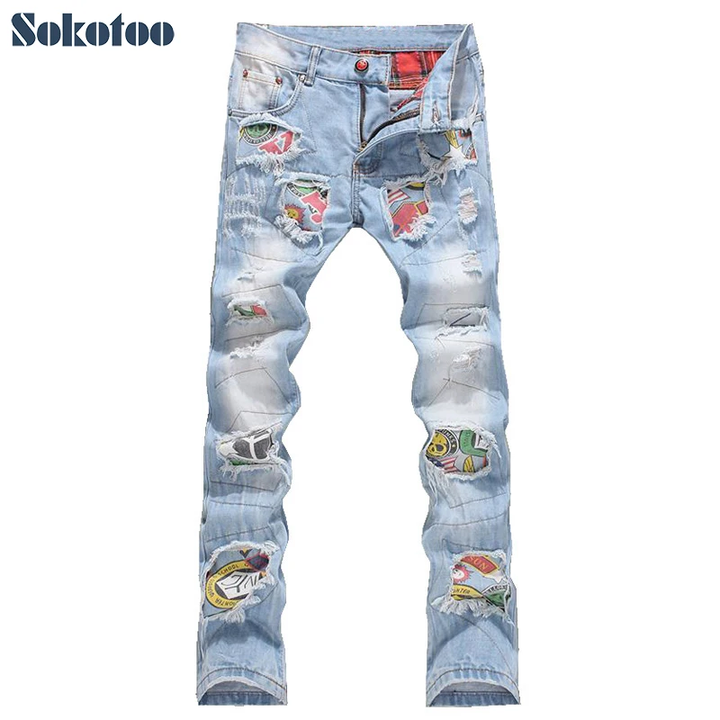 

Sokotoo Men's fashion patchwork hole ripped jeans Casual slim fit denim beggar pants Long trousers