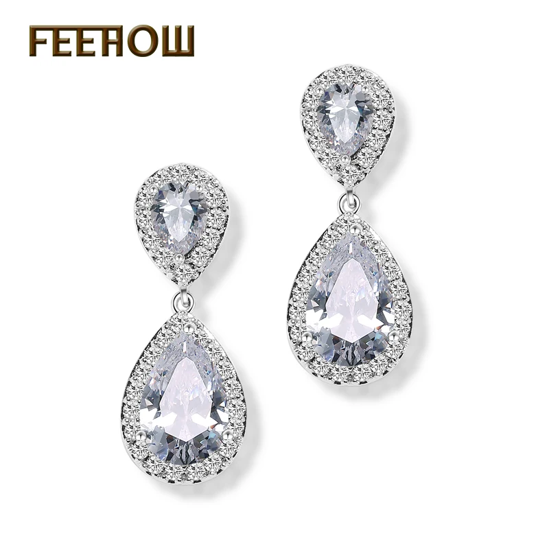 FEEHOW Fashion Elegant Bridal Jewelry Rose Gold Color Teardrop Cubic Zircon Drop Earrings For Women Wedding Party FWEP091