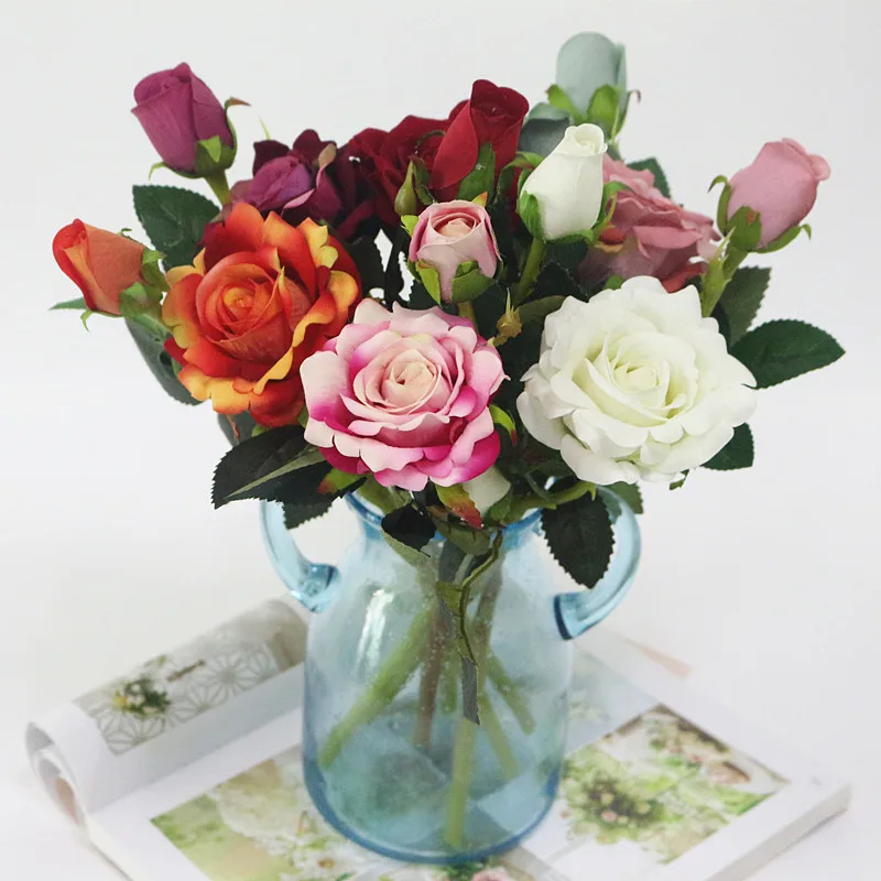 Flone 3 Heads Artificial Flannelette Rose Flower Simulation Flowers For Wedding Home Dining Table Party Office Decoration (16)