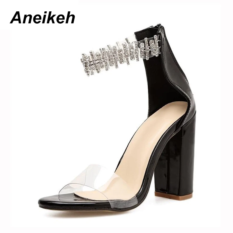 Aneikeh 2018 Women Rhinestone Crystal Block Heels Sandals Pumps Zipper Chunky Sandals Thick Heel Woman Summer Sexy Shoe