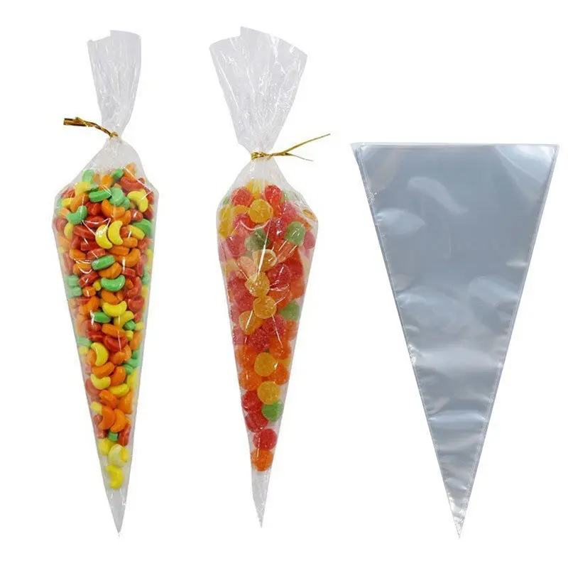 

50pcs/lot DIY Wedding Birthday Party Sweet Cellophane Clear Candy Cone Cake Storage Bags Cheap Organza Pouches Decoration