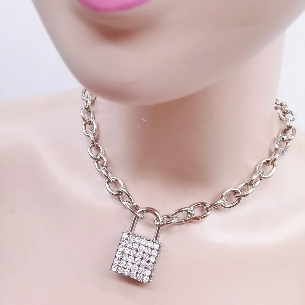 

Women Fashion Handmade Metal Chain Choker punk Collar belt Necklace with crystal square PADLOCK