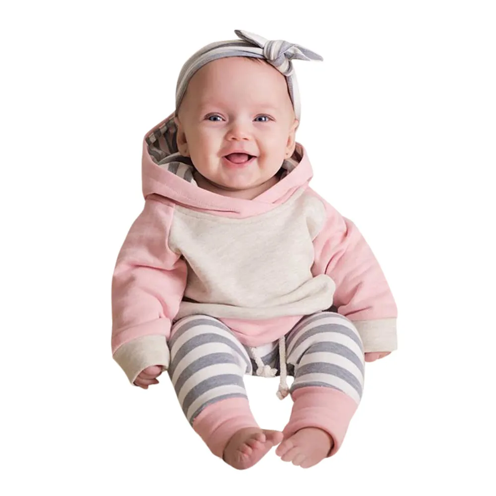 Комплект одежды из 3 предметов для маленьких мальчиков и девочек, толстовка с капюшоном, топы+ штаны+ повязка на голову, комплекты одежды для малышей наивысшего качества - Цвет: pink