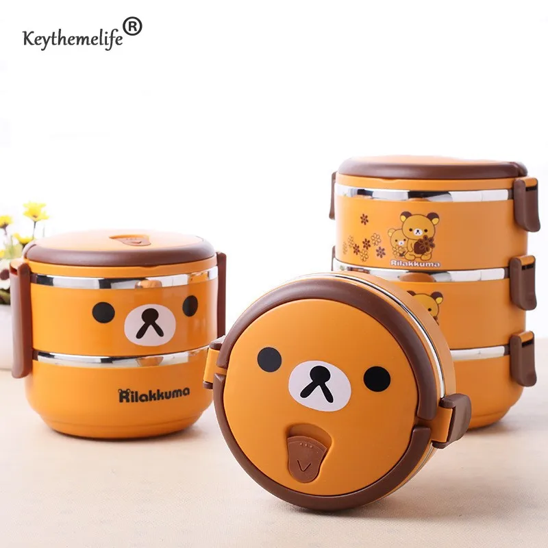 Keythemelife Multilayer Cute bear Food Thermo Lunch boxs Kids Thermal Bento Lunchbox Platic PP+304 Stainless Steel 2D/D(China (Mainland))