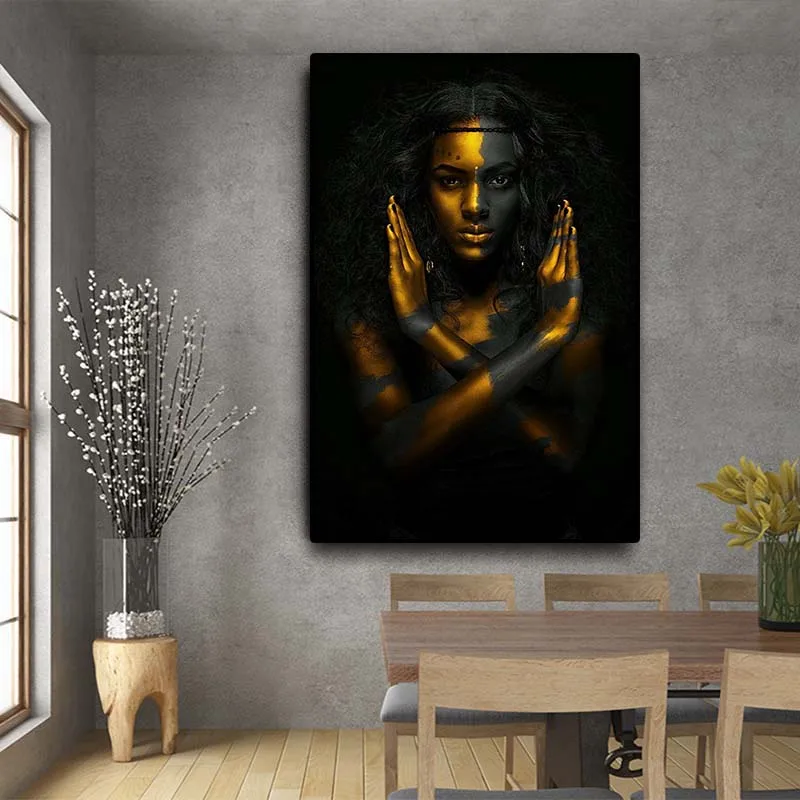 

Black and Gold African Nude Woman Indian Oil Painting on Canvas Posters and Prints Scandinavian Wall Art Picture for Living Room