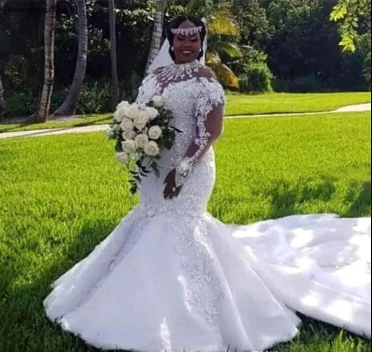 Long Sleeves Lace Puffy Wedding Dress Arabic Dubai Church Bridal Gowns Plus Size 