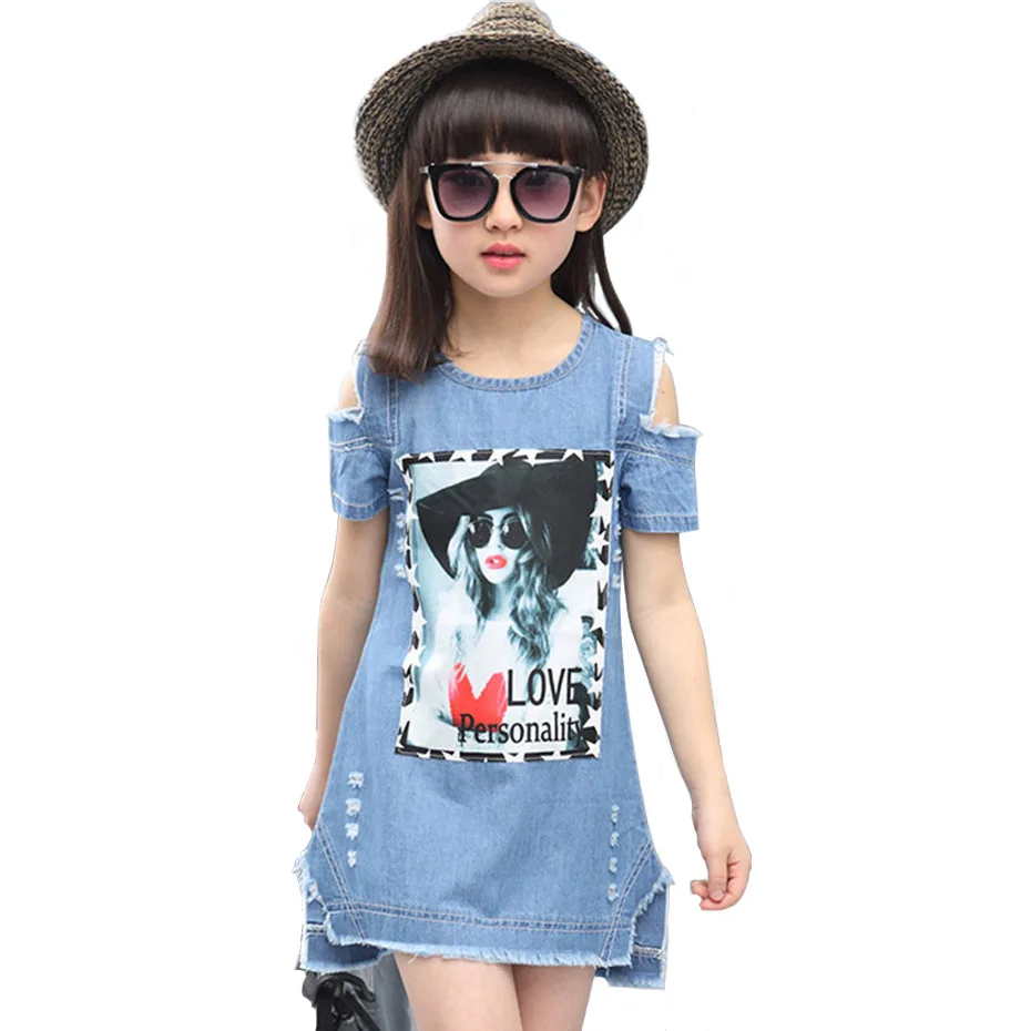 

Children Dresses For Girls Casual Denim Strapless Dress Girls Summer Teenage Cartoon Pattern Girls Denim Clothes 6 8 10 12 Years