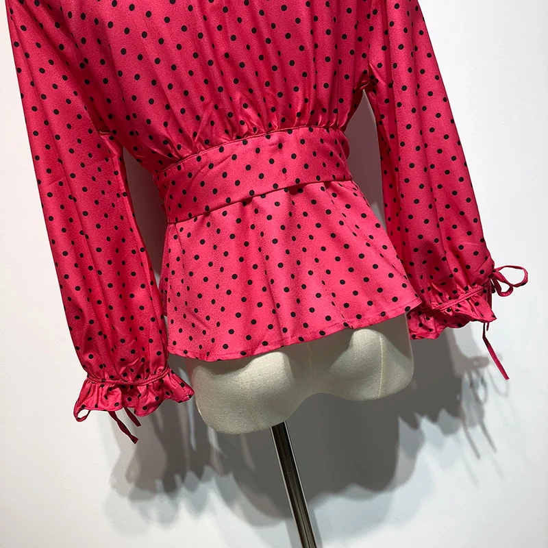 Sexy deep v-neck lace up party lady blouse bodycon short shirt long petal sleeve dot printed chiffon shirt blusa feminina Tops Sexy deep v-neck lace up party lady blouse bodycon short shirt long petal sleeve dot printed chiffon shirt blusa feminina Tops