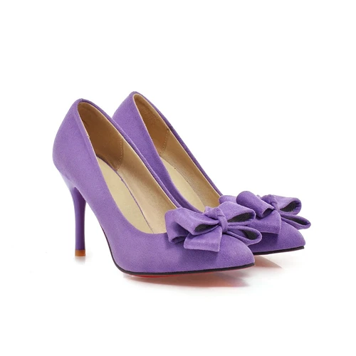 Meotina Новая модель туфель женские туфли-лодочки женские весенние туфли для вечеринки с бантами на высоком каблуке с острым носком цвета розовый черный большие размеры 9 10 43 - Цвет: Фиолетовый