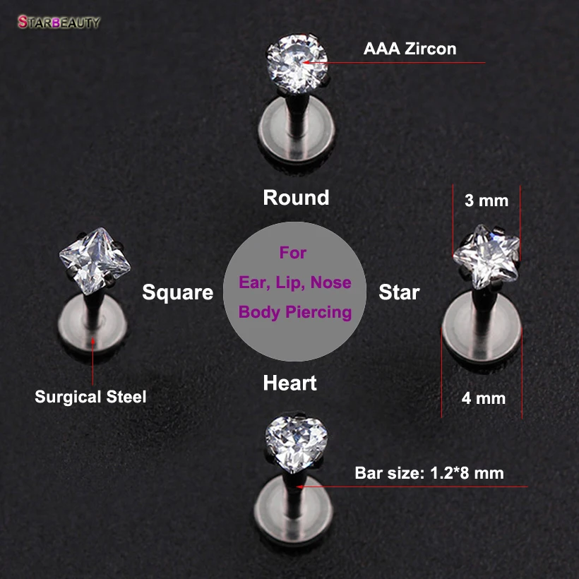 4 шт./лот,, 16 г, Круглый пирсинг для носа, прозрачное сердце, звезда, пирсинг для ушей, губ, квадратное кольцо для носа, хрящ, трагус, пирсинг с плоским концом