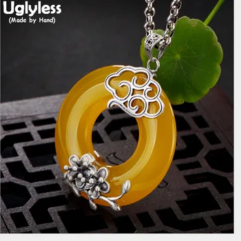 

Uglyless Real 925 Sterling Silver Handmade Plum Blossom Pendants for Women Ethnic Hollow Chalcedony Button Necklaces NO Chains