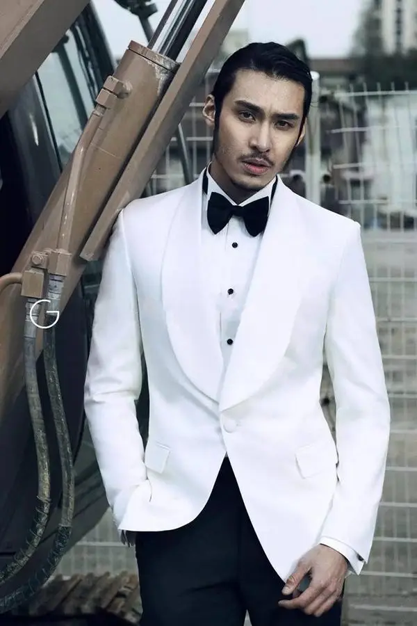983 High Quality White Mens Suits Groom Tuxedos Groomsmen Wedding Party Dinner Best Man Suits (Jacket+Pants)
