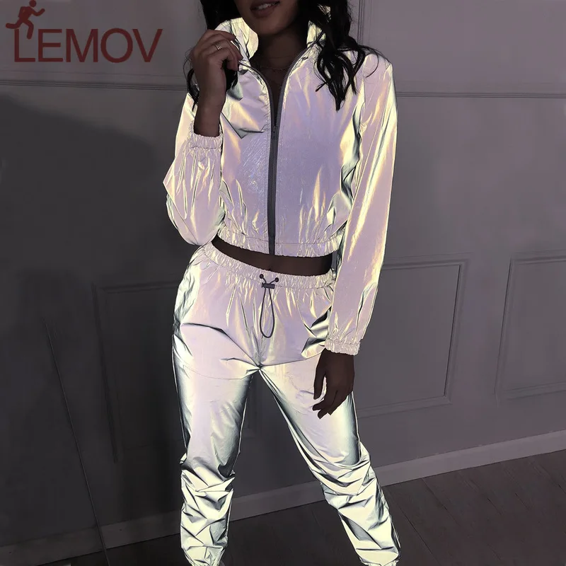 

LEMOV Fashiion 2 Piece Fitness Set Women Safe Reflective Coating Heat Insulation Breathable Women's Jogging Suits with Zipper