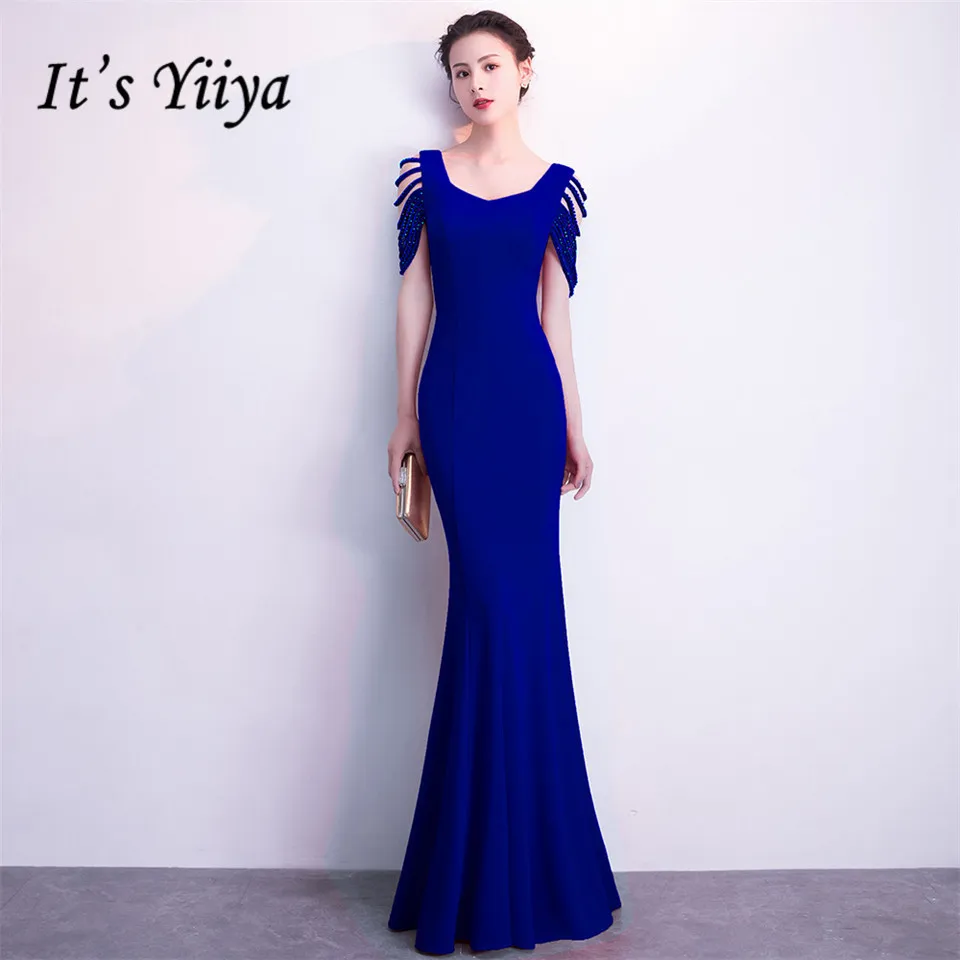 

It's Yiiya Party Gown Backless Square collar Sleeveless Evening dresses Beading Zipper back Floor-length trumpet Prom dress C153