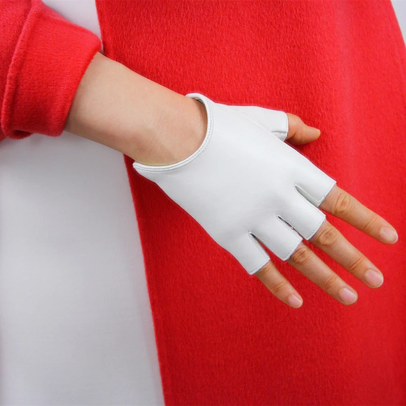 Genuine Leather Pure Sheepskin Black Semi-Finger Fingerless Ultra Short Woman's Gloves Locomotive Style Unlined TB39-1