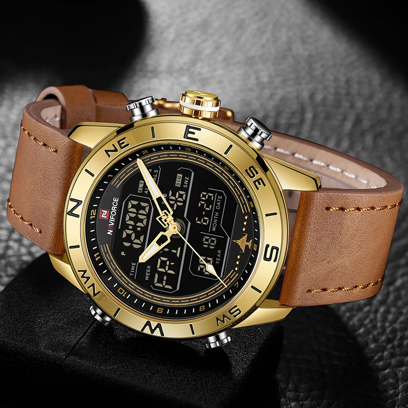  NAVIFORCE 9144 Men Fashion Gold Sport Watches Mens LED Digital Quartz Watch Army Military Leather A