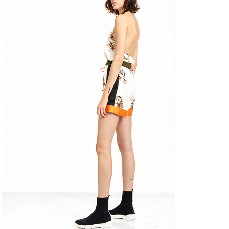 Gentlewomen Vacation Holiday Beach Seaside Camis Tiger and Lion Pattern Print Camis Ruched Sexy Halter Backless Top 2018 Autumn Tops