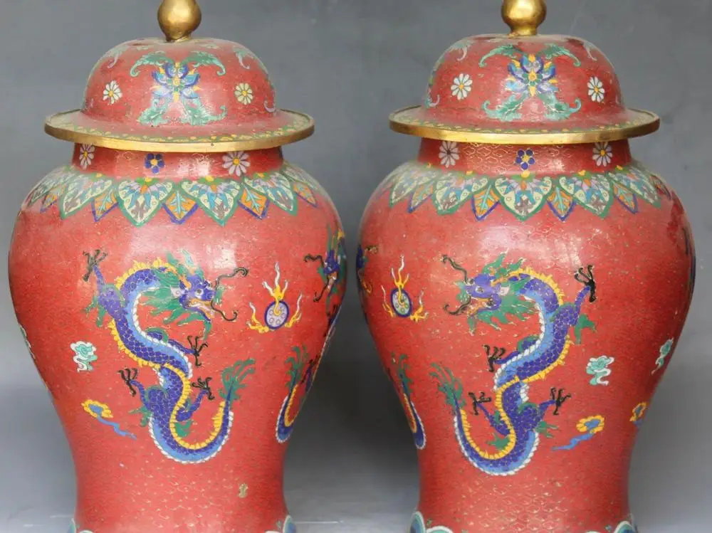 

16" Marked China Cloisonne Gold Gilt Dragon General tank Vase Bottle Statue Pair