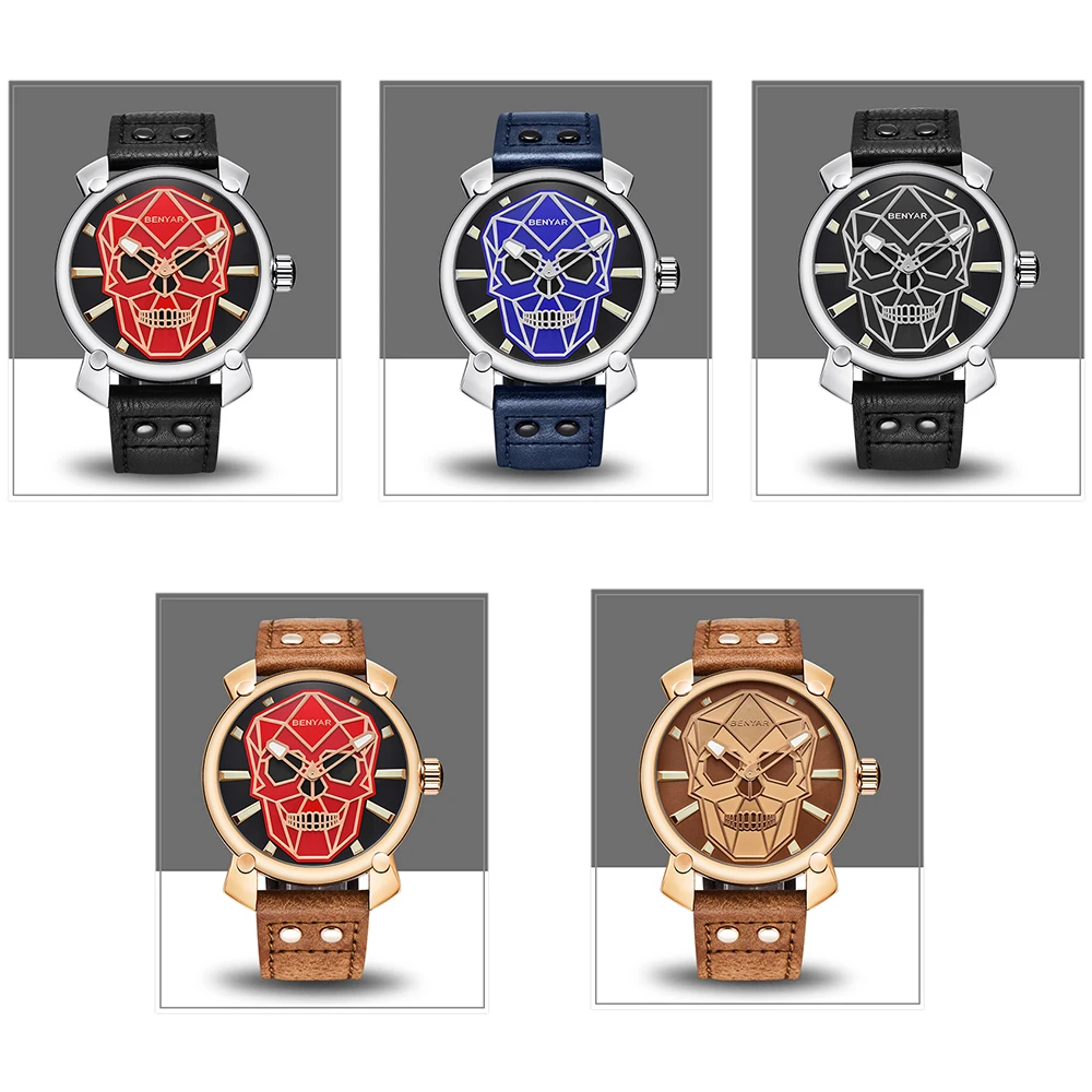 BENYAR Cool Skull мужские часы Топ люксовый бренд креативные Кварцевые Золотые панк