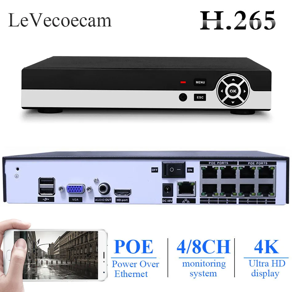 IP-камера видеонаблюдения H.265 H.264 4/8 каналов 48 В POE NVR P2P ONVIF сетевой видеорегистратор