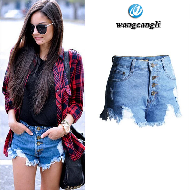 

2017 top summer hole Blue black white short high waist jeans open multi-button denim shorts Jeans of large sizes for women pants