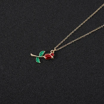 

10 Valentine's Day Cartoon Colorful Crimson or Pink Colors Rose Flower Branch with Green Leaf Chain pendant Necklaces jewelry