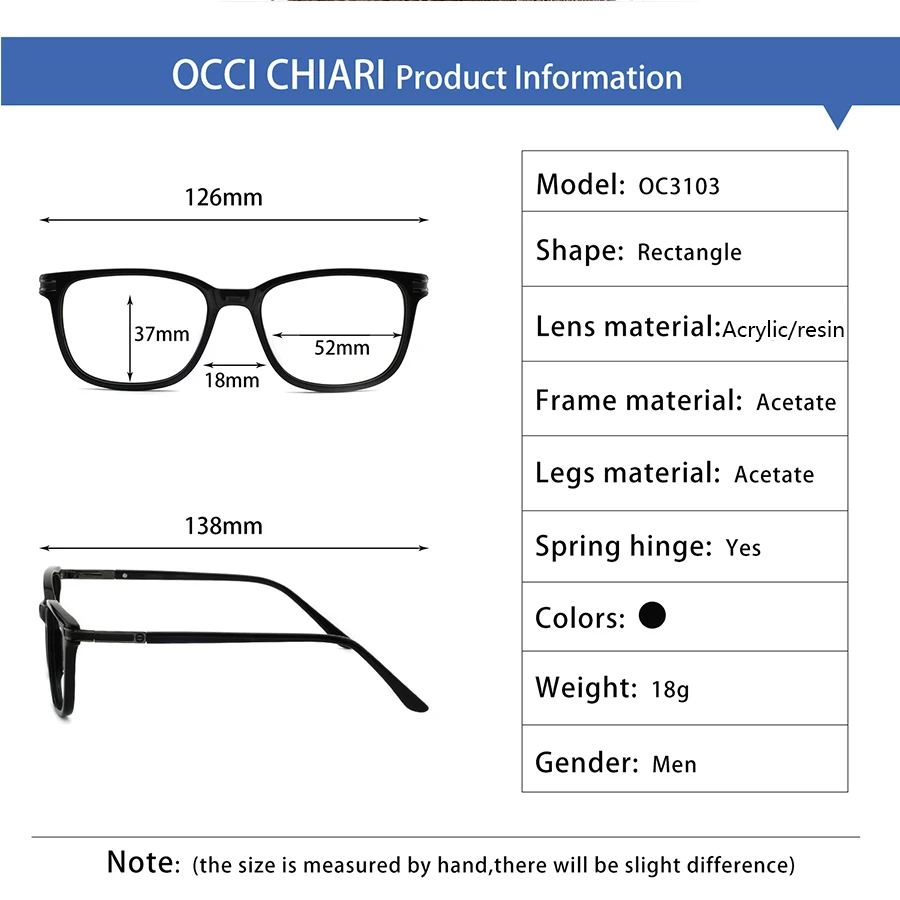 OCCI CHIARI квадратная оправа для очков по рецепту, мужские оптические оправы для очков, черные очки, подарок для отца, весенние петли, очки