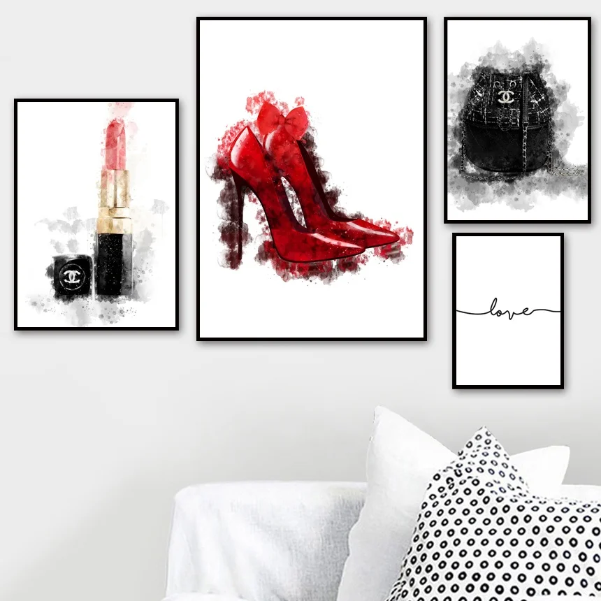 

Watercolor Lipstick Bag High Heels Salon Wall Art Canvas Painting Nordic Posters And Prints Wall Pictures For Living Room Decor