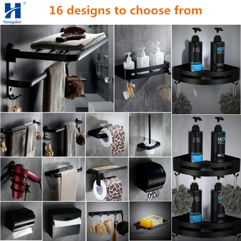 Hongdec Wall Mount Space aluminum black Bathroom Accessories Toilet Holder Soap Dish set