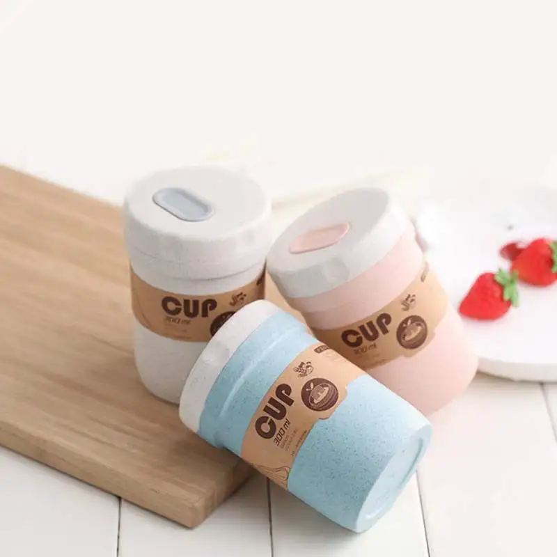 

300ml Healthy Material Wheat Straw Sealed Soup Cup With Lid Water Breakfast Portable Travel Milk Cup Microwave Dinnerware Food