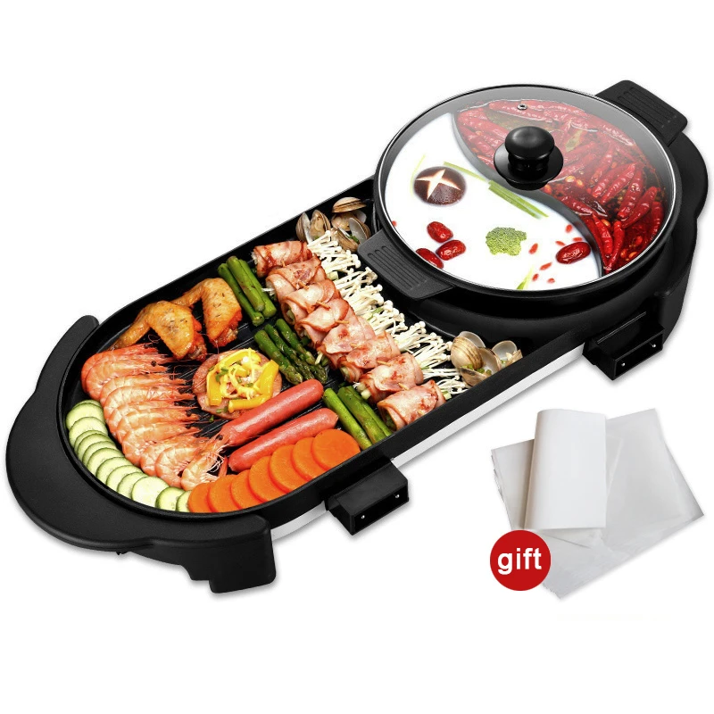 Electric Heating BBQ Household Grill Disconnected Two flavor Hot Pot  Smokeless Barbecue Machine Electric Oven Cabob Machine