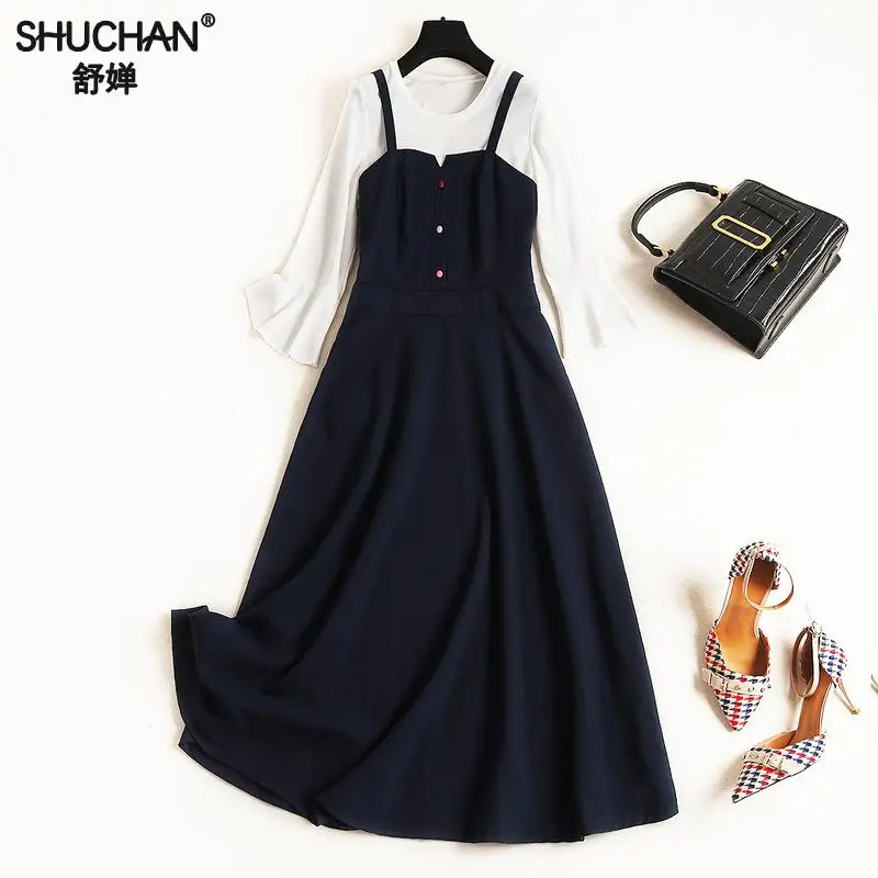 

Shuchan Casual Women's Suits T-shirts With Three Quarter Flare Sleeve+dress To Knee-length 2 Piece Set Women Conjunto Feminino