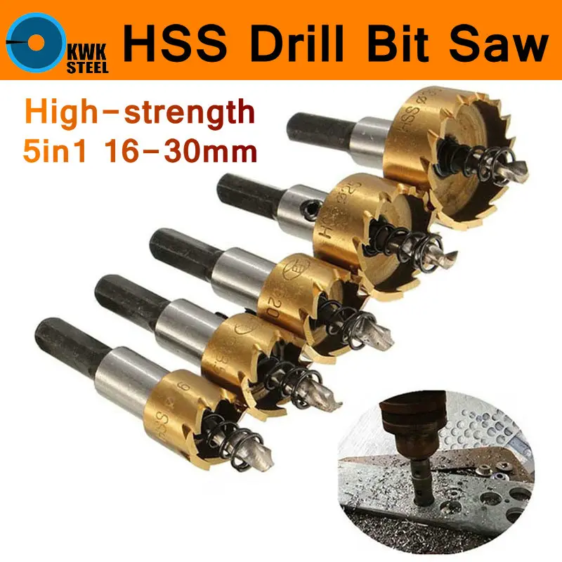HSS Drill Bit 5pcs 16-30mm Carbide Hole Saw Set 5pc/set High Speed Steel Cutter Tools DIY Tool Cutting Steel Drilling Hole Bits yalku hole saw drill bit set tools kit drill hole opener ceiling carbon steel hole saws drill bit set power tool kit 11pcs