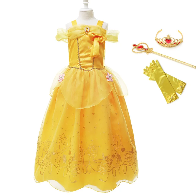 Filles Belle princesse habiller Cosplay Costume enfants paillettes sans manches robe enfant fête bal beauté et la bête Costumes fantaisie