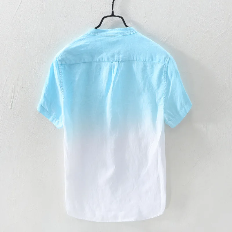 CO 2019 الرجال مزدوج اللون التدرج نقية الكتان قصيرة الأكمام قميص طوق ومريحة قمصان تنفس في الصيف