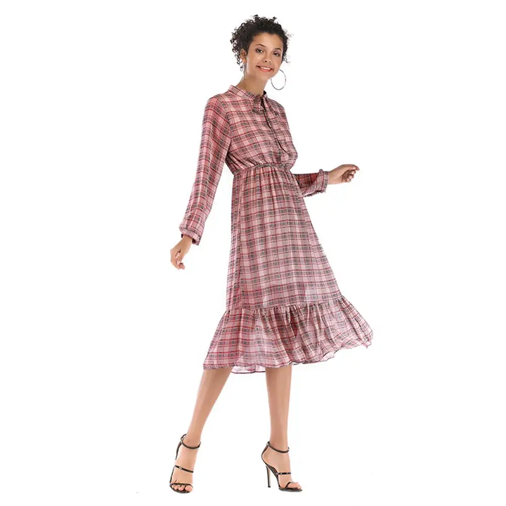 Women Plaid Dress Slim Ruffled Chiffon Bow Dresses Long Sleeve Elastic Waist Retro Maxi Dress Beach vestidos de fiesta Women Plaid Dress Slim Ruffled Chiffon Bow Dresses Long Sleeve Elastic Waist Retro Maxi Dress Beach vestidos de fiesta