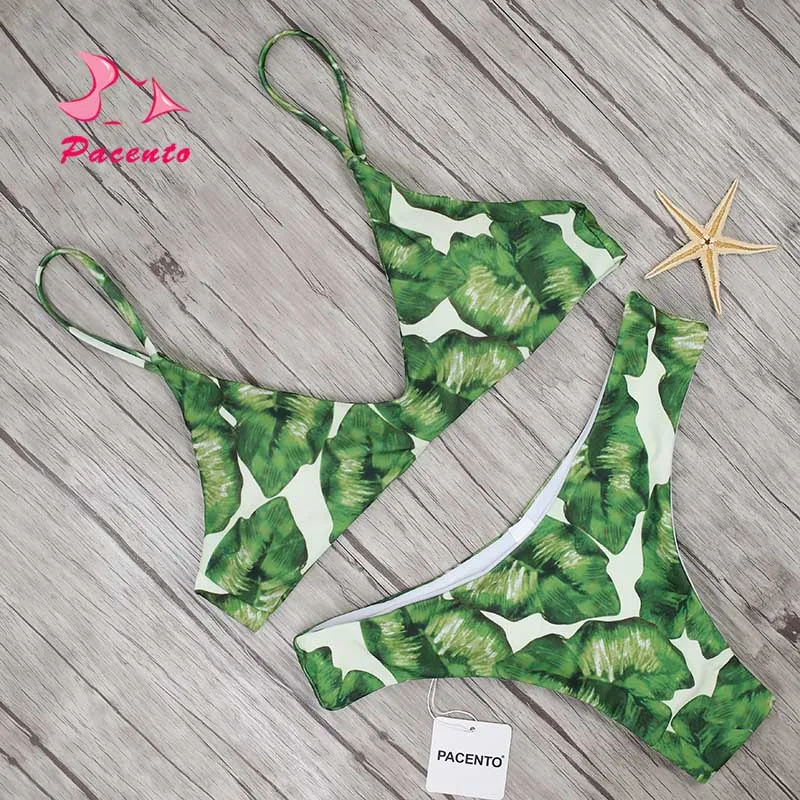 Pacento Sling Thong Bikini Green Leaf Print Swimsuit for Women