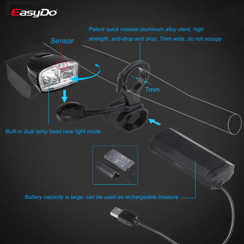Perfect New EasyDo Intelligent Bicycle Headlight with High/ Low Beam Switch MTB Road Bike USB Rechargeable Front Lamp Cycling Head Light 7