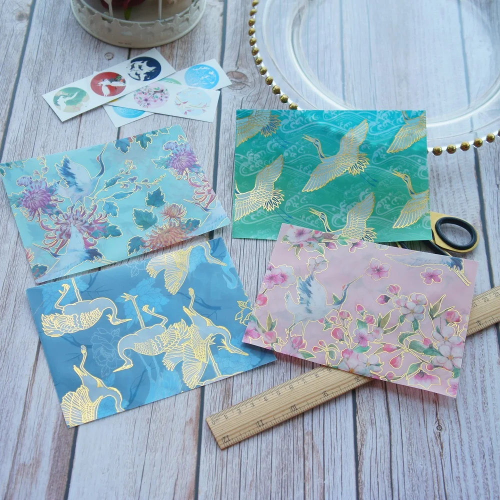 

11.8*14.8cm 3pcs Gold Crane Flying Blue Pink Green Design Envelop As Postcard Message Card Invitation Envelop Transparent Paper