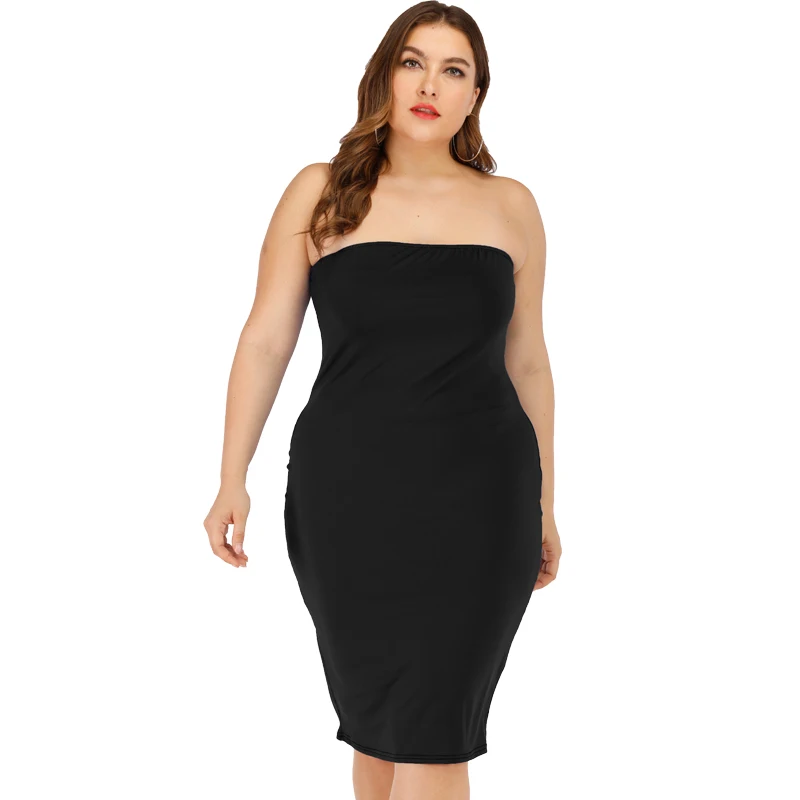 

Plus size Summer Strapless Sleeveless Dress Women Sleeveless Solid Off Shoulder Evening Party Stretch Pencil Knee-Length Dresses