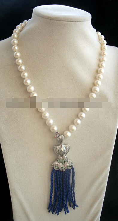 

ddh003299 freshwater pearl white round & lapis lazuli peafowl clasp necklace 18