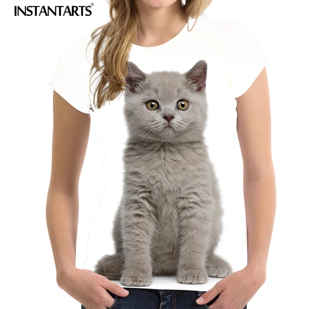 INSTANTARTS, летняя тонкая футболка, женская одежда с круглым вырезом, милые животные, Британская короткошерстная кошка, принт размера плюс, женская футболка с коротким рукавом