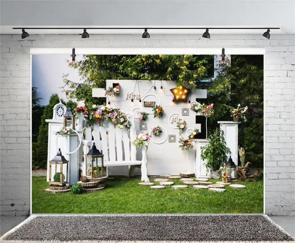 Laeacco Yard Wooden Bench Board Flowers Lamp Wedding Photography