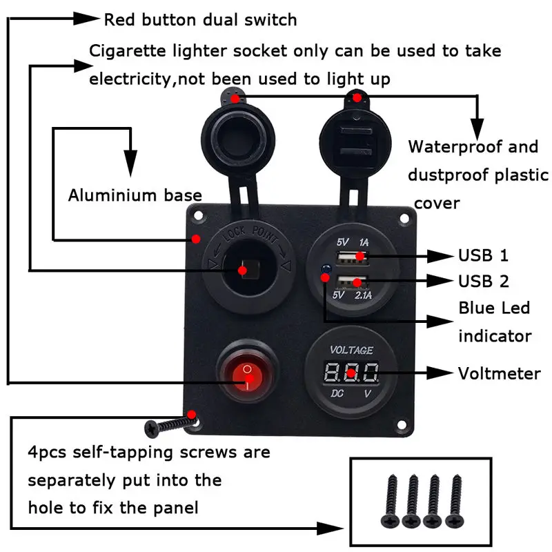 AU Dual USB зарядное устройство+ Вольтметр+ 12 В двойная USB розетка+ переключатель 4 отверстия Panarine автомобиль грузовик умственная розетка кнопка включения-выключения