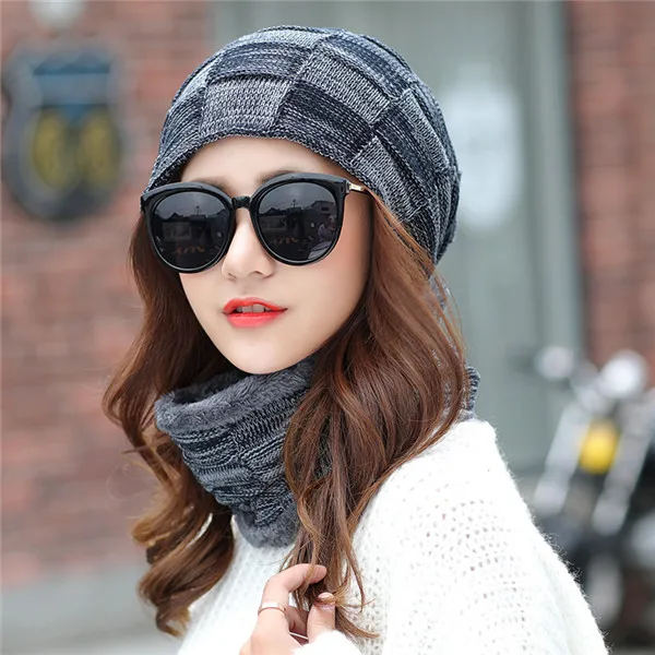 Autumn winter women hat plush line cap collar head mixed color knitted