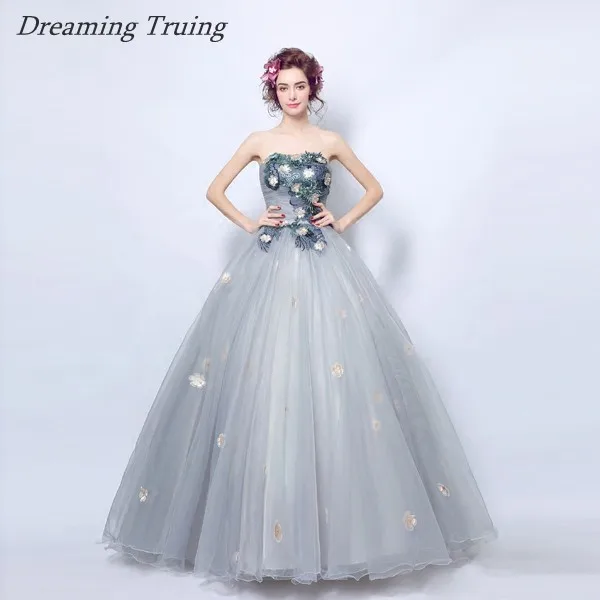 Реальные изображения бальное платье серое пышное без бретелек Vestidos De 15 Anos Платья